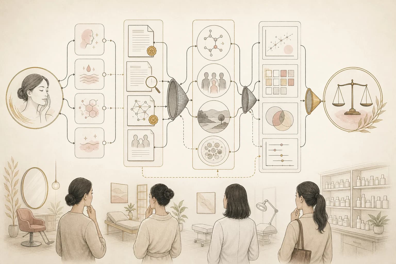 Evidence map separating claims, source verification, study context, and uncertainty for “Salon, spa, clinic, or pharmacy? Reading the qualifications behind an aesthetic claim.”