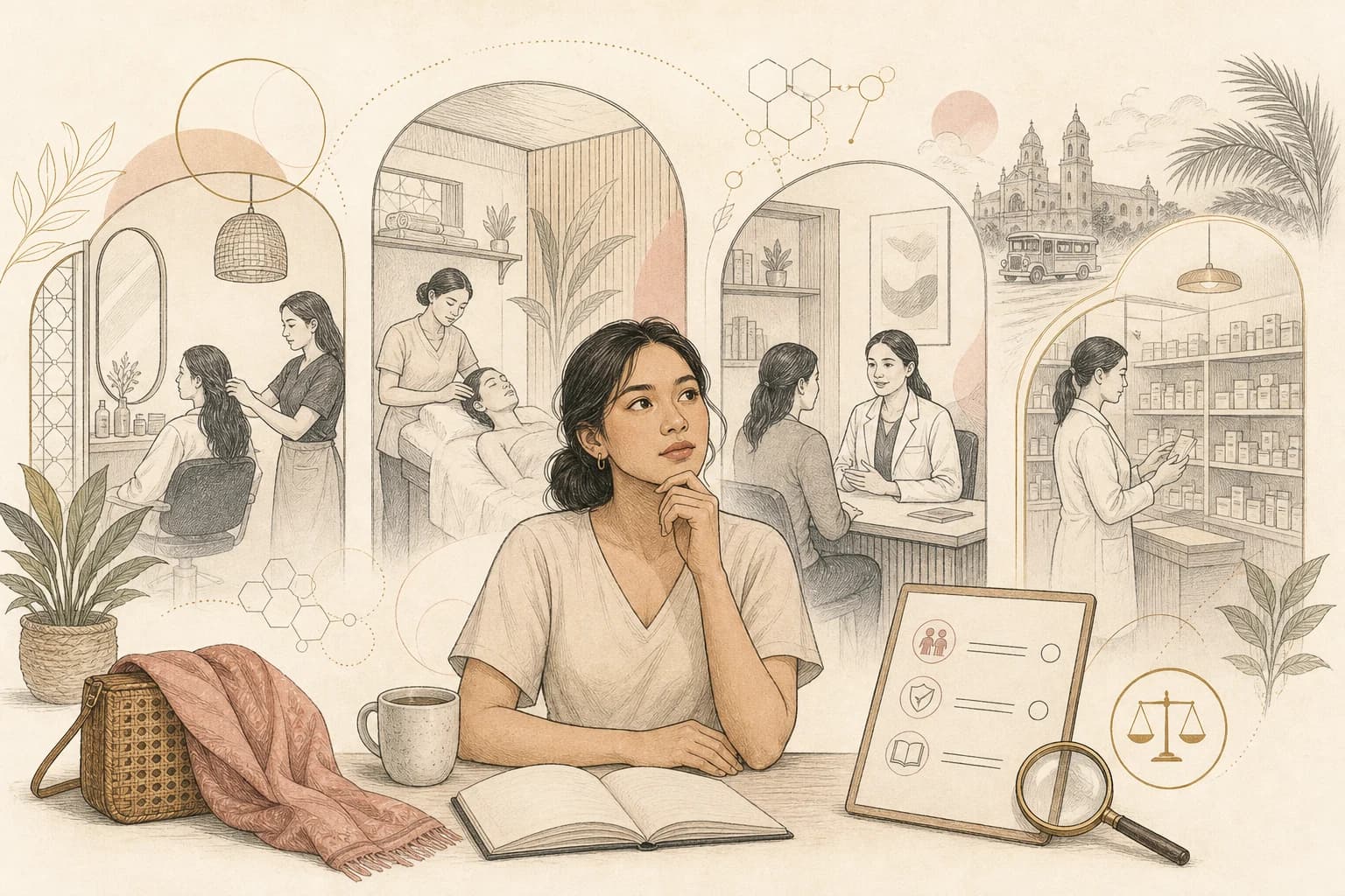 Editorial illustration for “Salon, spa, clinic, or pharmacy? Reading the qualifications behind an aesthetic claim,” created for Philippine readers.
