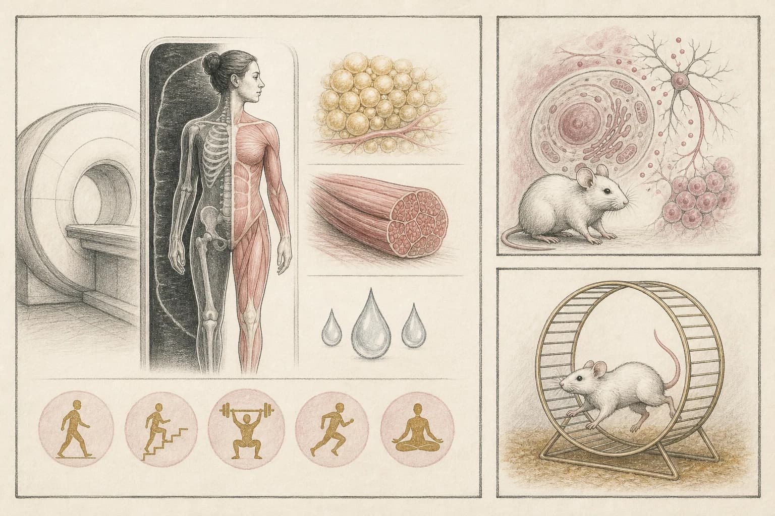 Evidence tiers showing human body-composition data and separate mouse mechanism and exercise studies