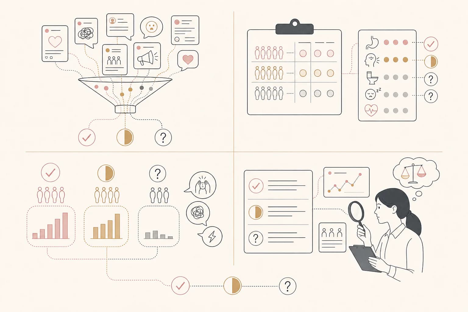 Evidence map for “Semaglutide Side Effects: How Trial Data Differs From Viral Stories,” separating study findings, research context, and unanswered questions.