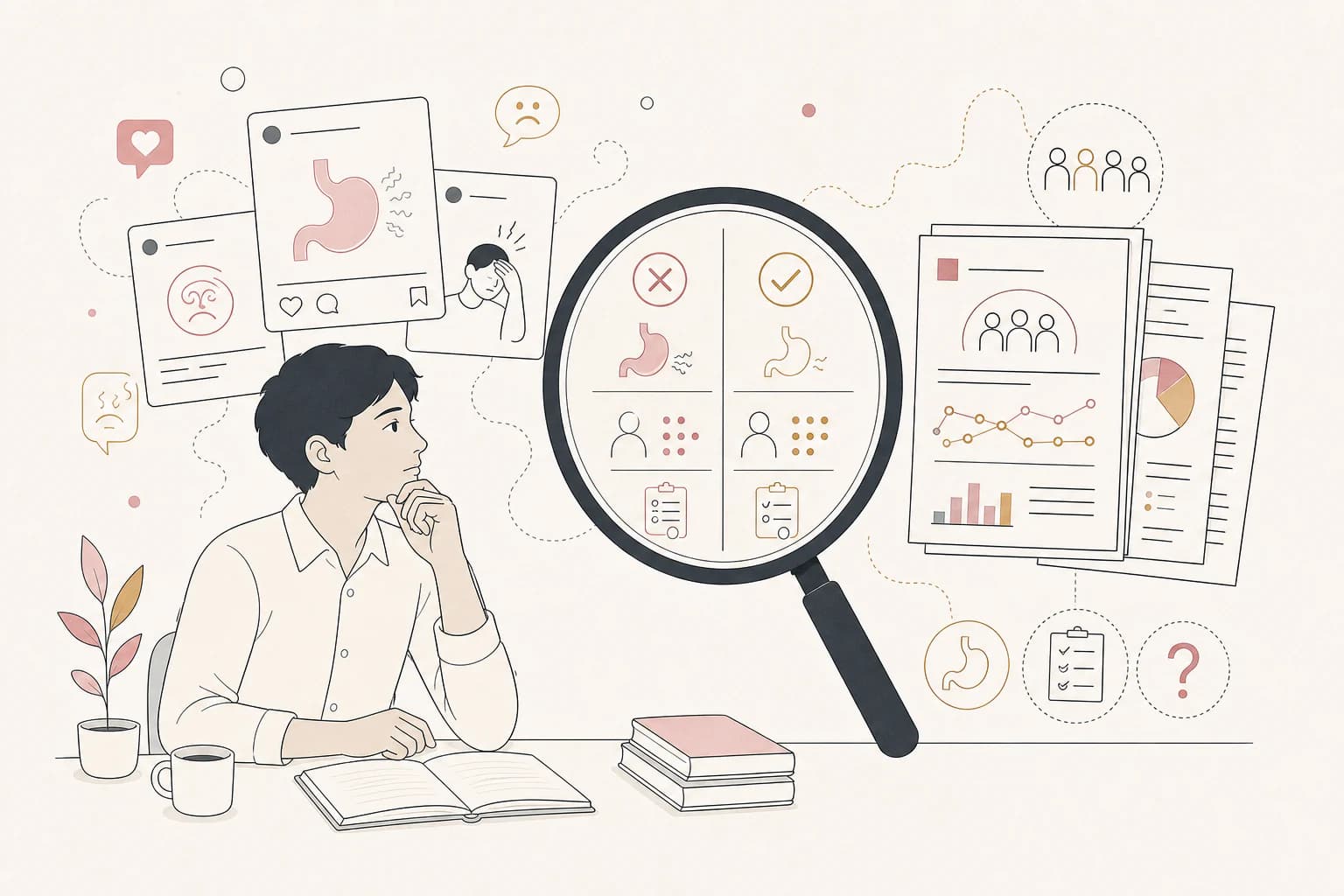 Editorial illustration for “Semaglutide Side Effects: How Trial Data Differs From Viral Stories,” showing a Filipino reader examining the research context.