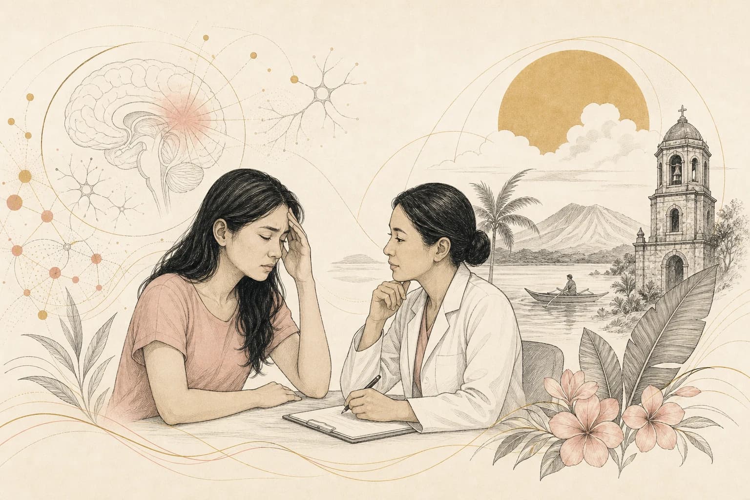 Editorial illustration for “Semax and migraine interest: evidence does not replace a clinical assessment,” created for Philippine readers.