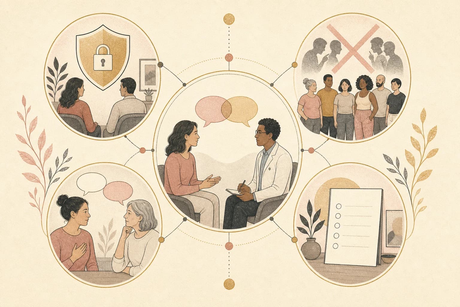Evidence map separating social privacy, weight stigma, respectful language, and clinical medication disclosure.