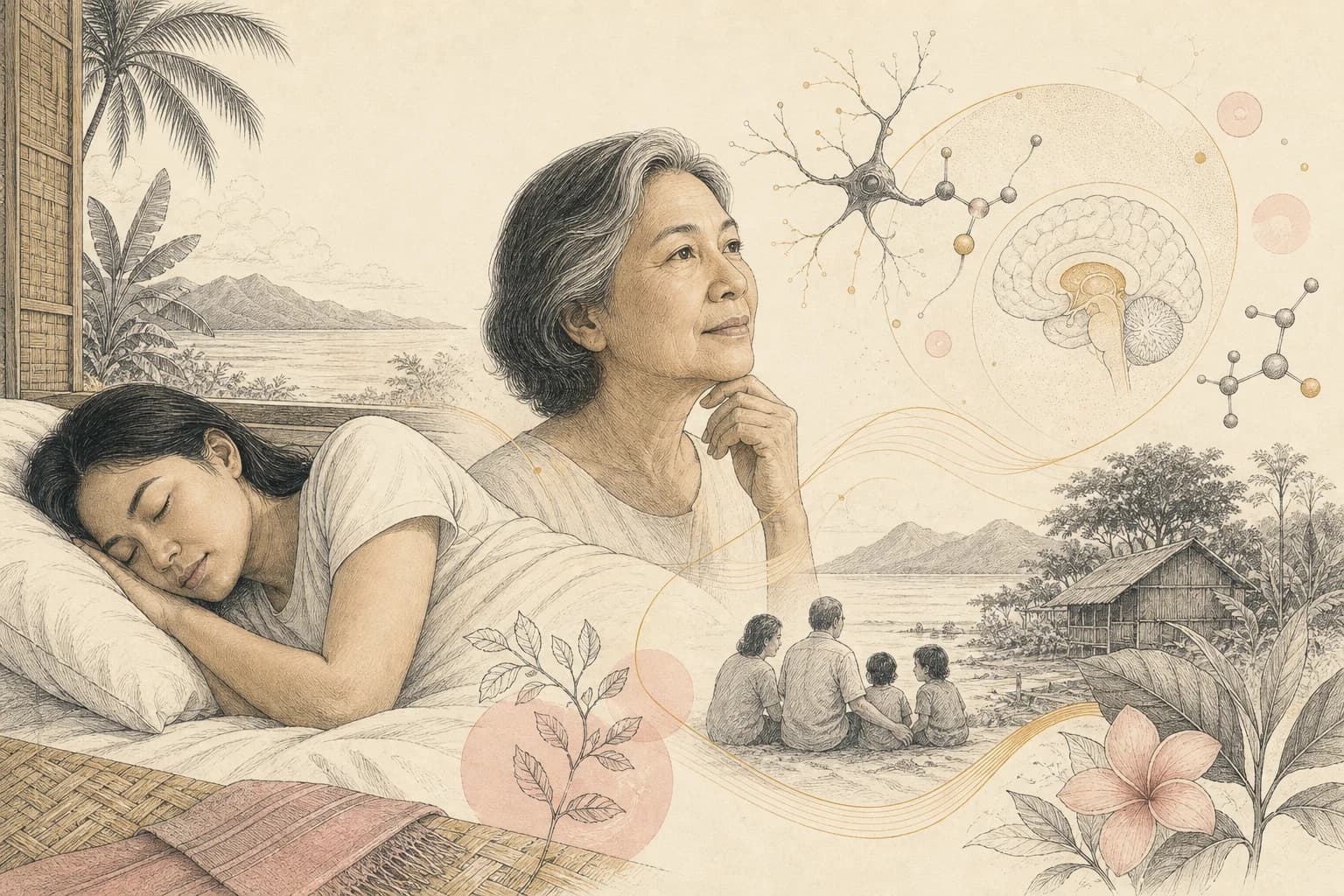Editorial illustration for “A Filipino guide to sleep, healthy aging, DSIP, and Epithalon,” created for Philippine readers.