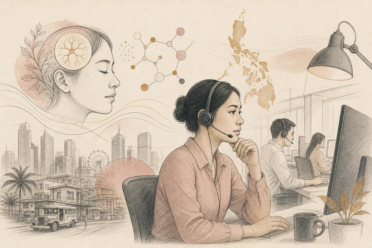 Editorial illustration for “Sleep, focus, and the Philippine BPO workforce: where peptide claims enter,” created for Philippine readers.