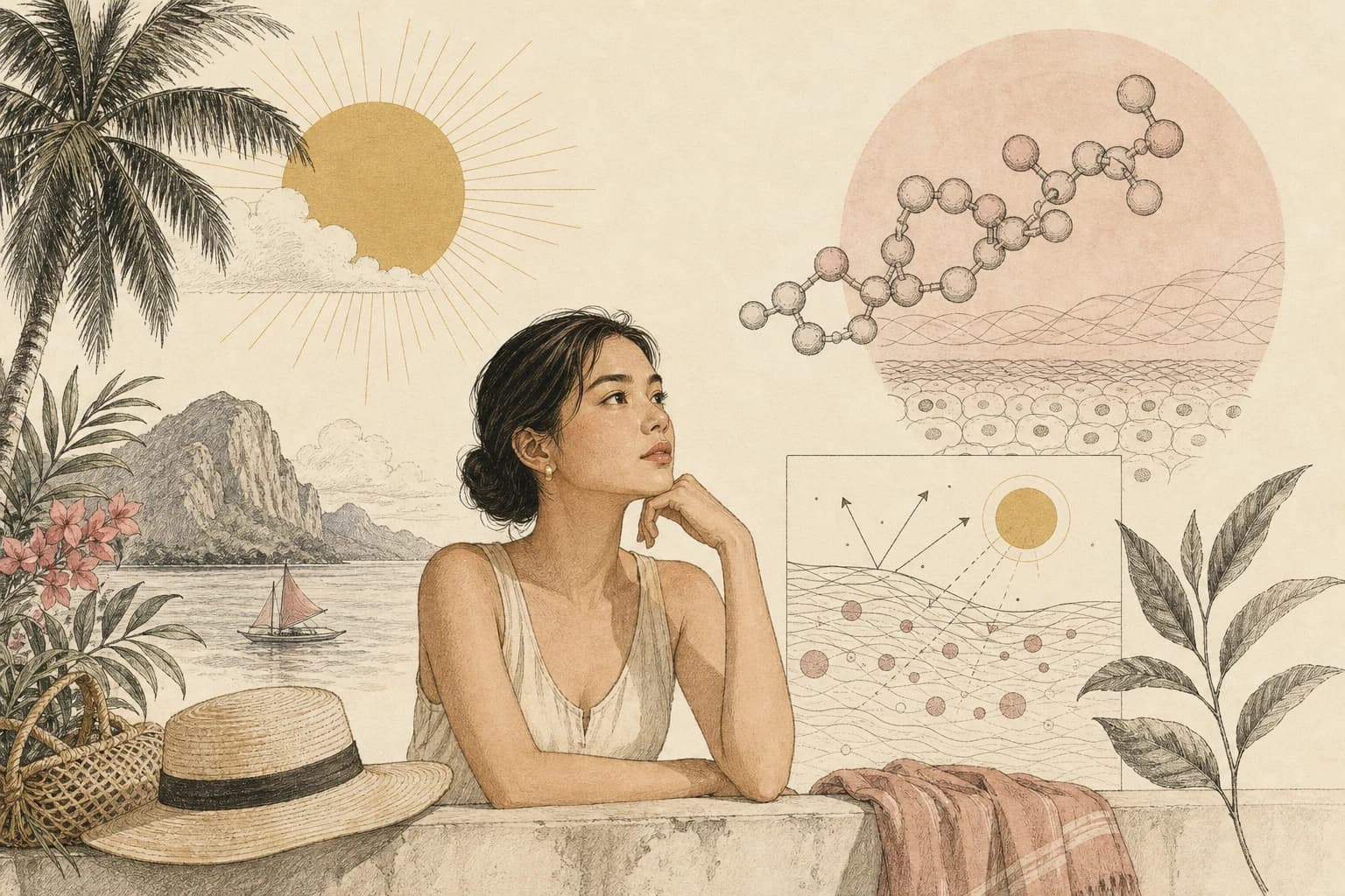 Editorial illustration for “Tanning peptides do not replace sun protection,” created for Philippine readers.