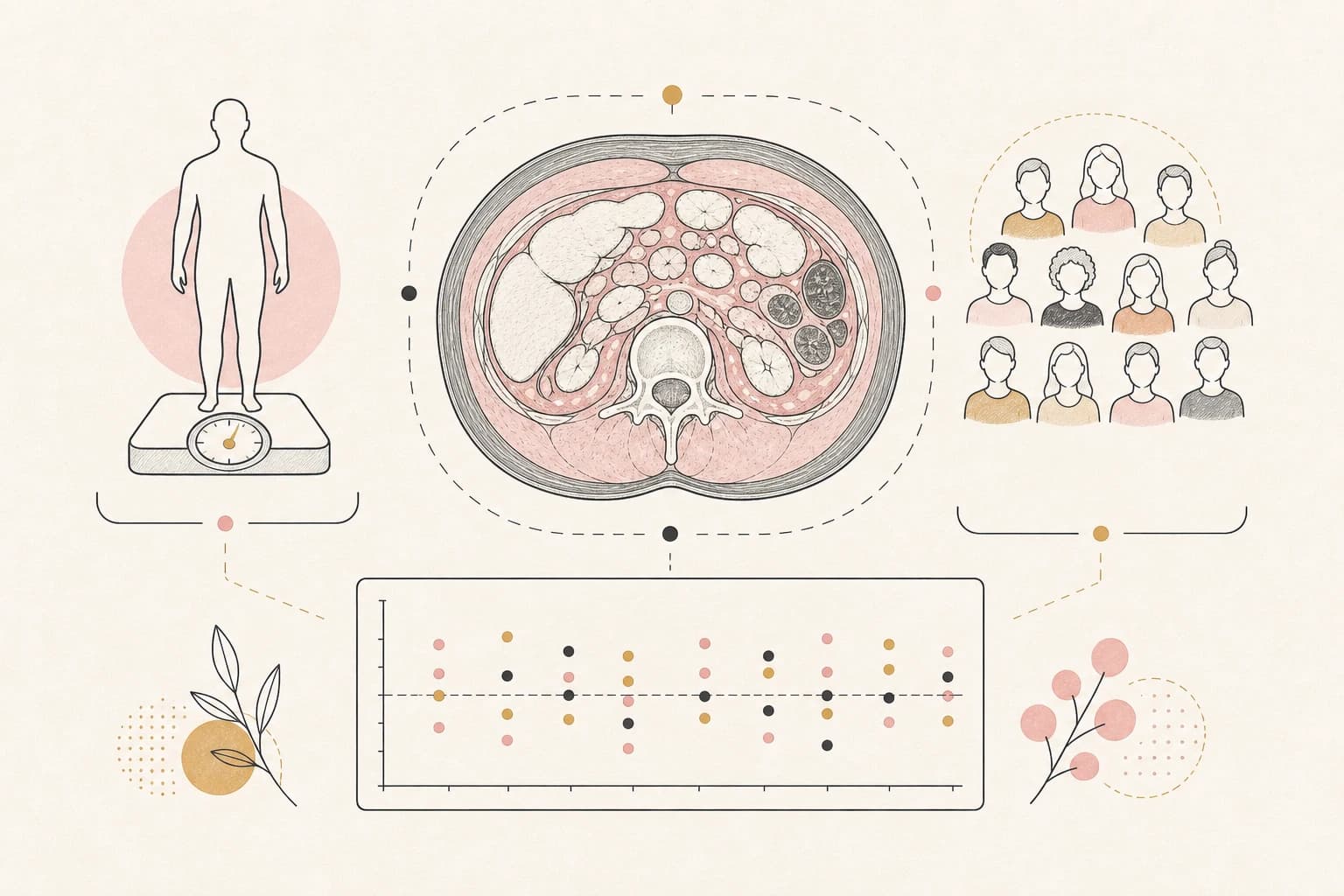 Diagram showing an abdominal scan, participant groups, and neutral measurement data