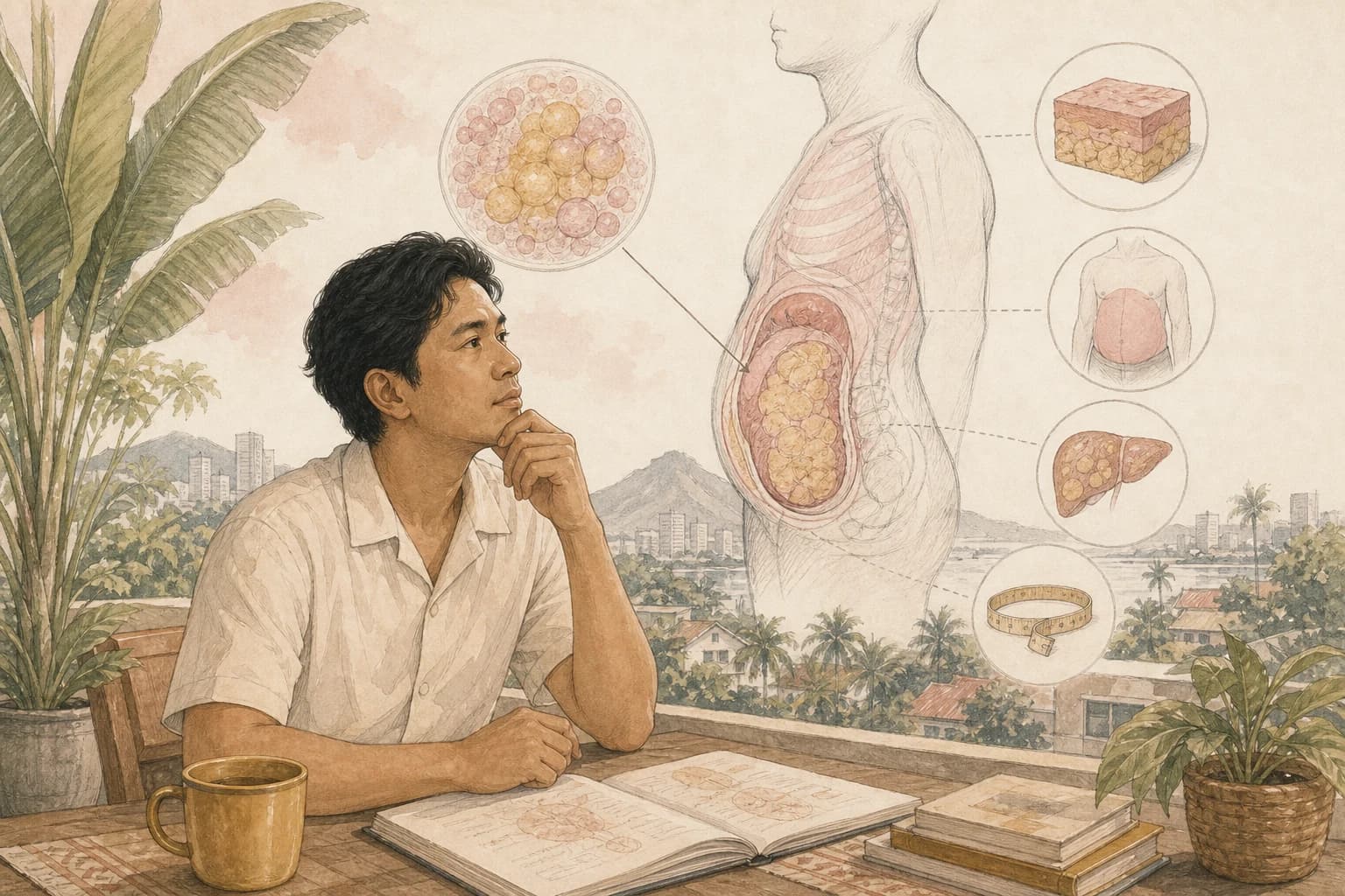 Editorial scene explaining Tesamorelin reduces a specific kind of visceral fat—it is not a generic weight-loss claim for Filipino readers