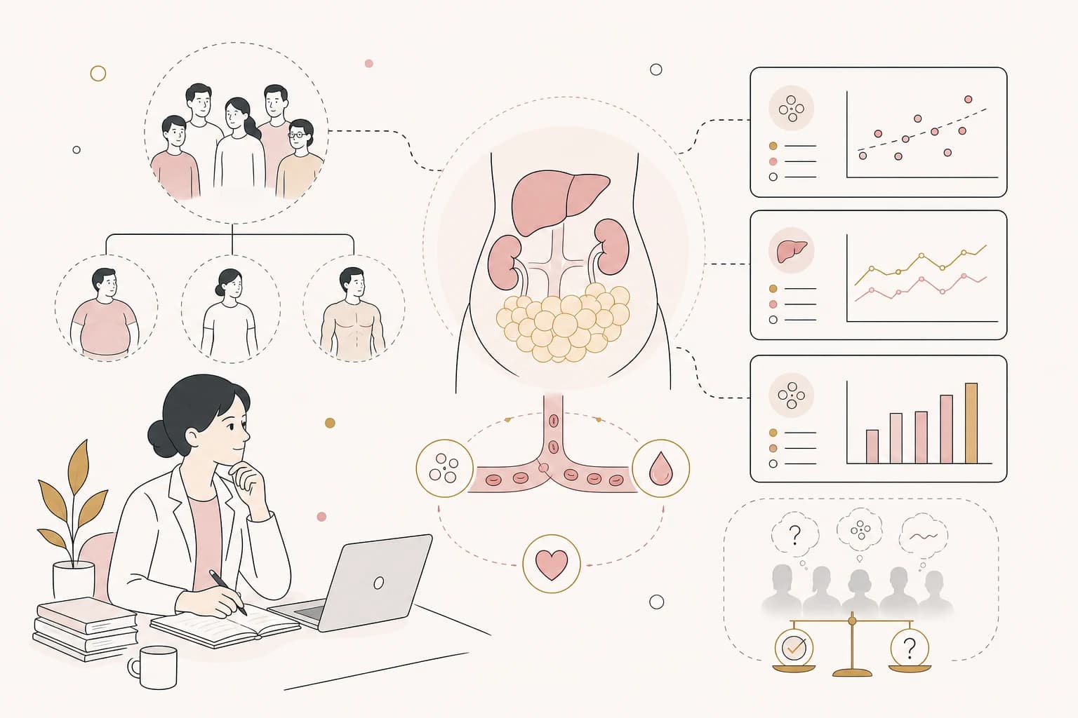Editorial scene explaining Tesamorelin Study Review: Differing Presentations of Excess Visceral Abdominal Fat in People Living for Filipino readers