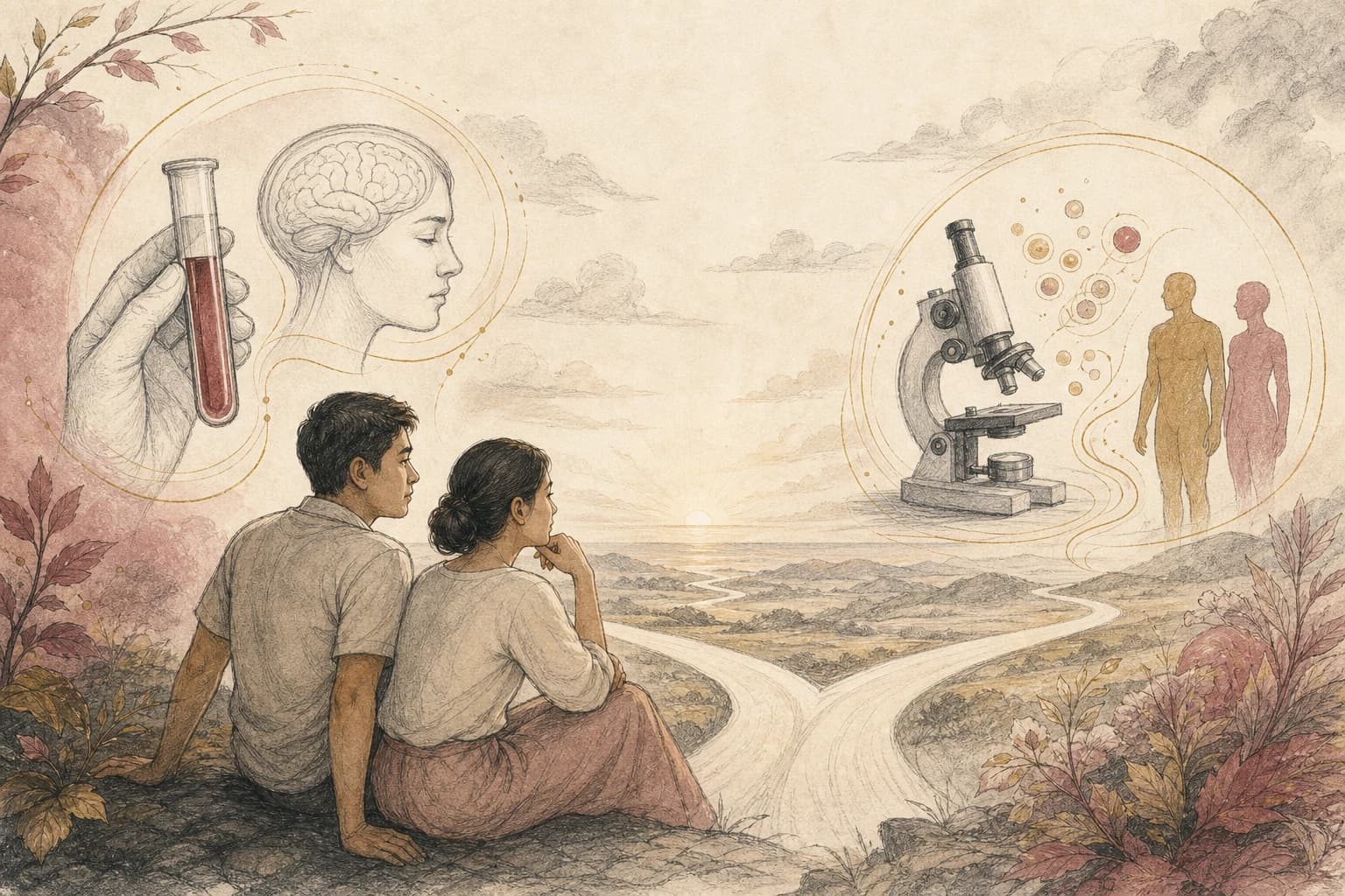 Filipino couple reviewing a balanced diagram of testosterone and fertility markers