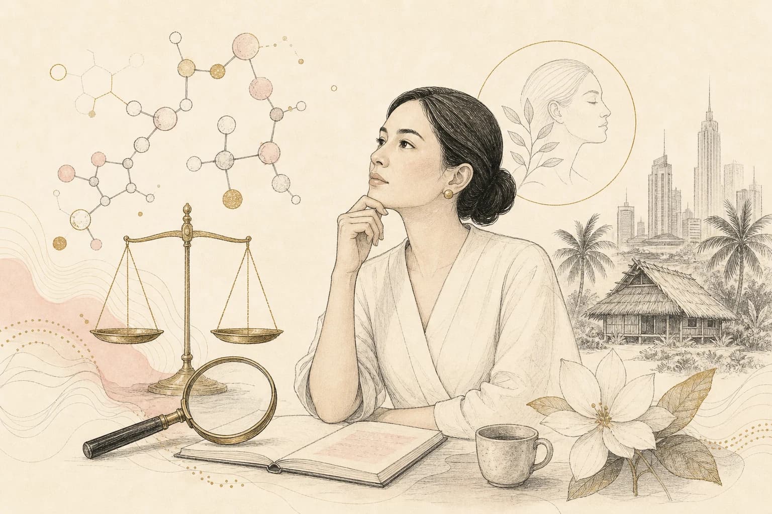Editorial illustration for “Philippine anti-aging clinics: which peptide claims deserve scrutiny?,” created for Philippine readers.