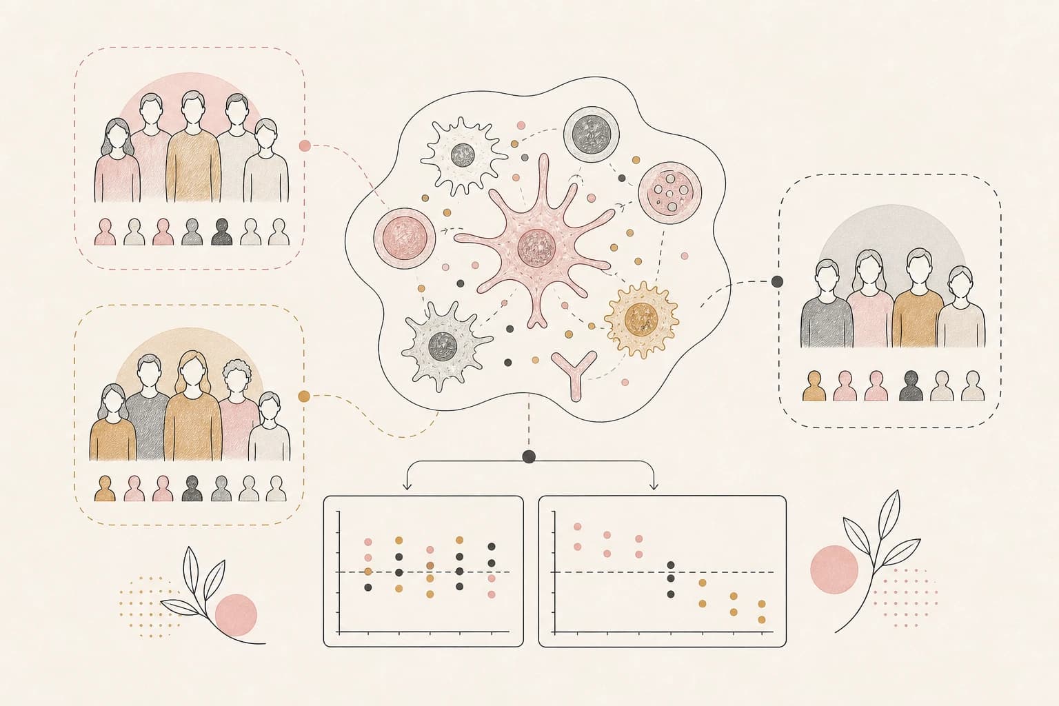 Diagram of immune cells, participant groups, and varied clinical research settings