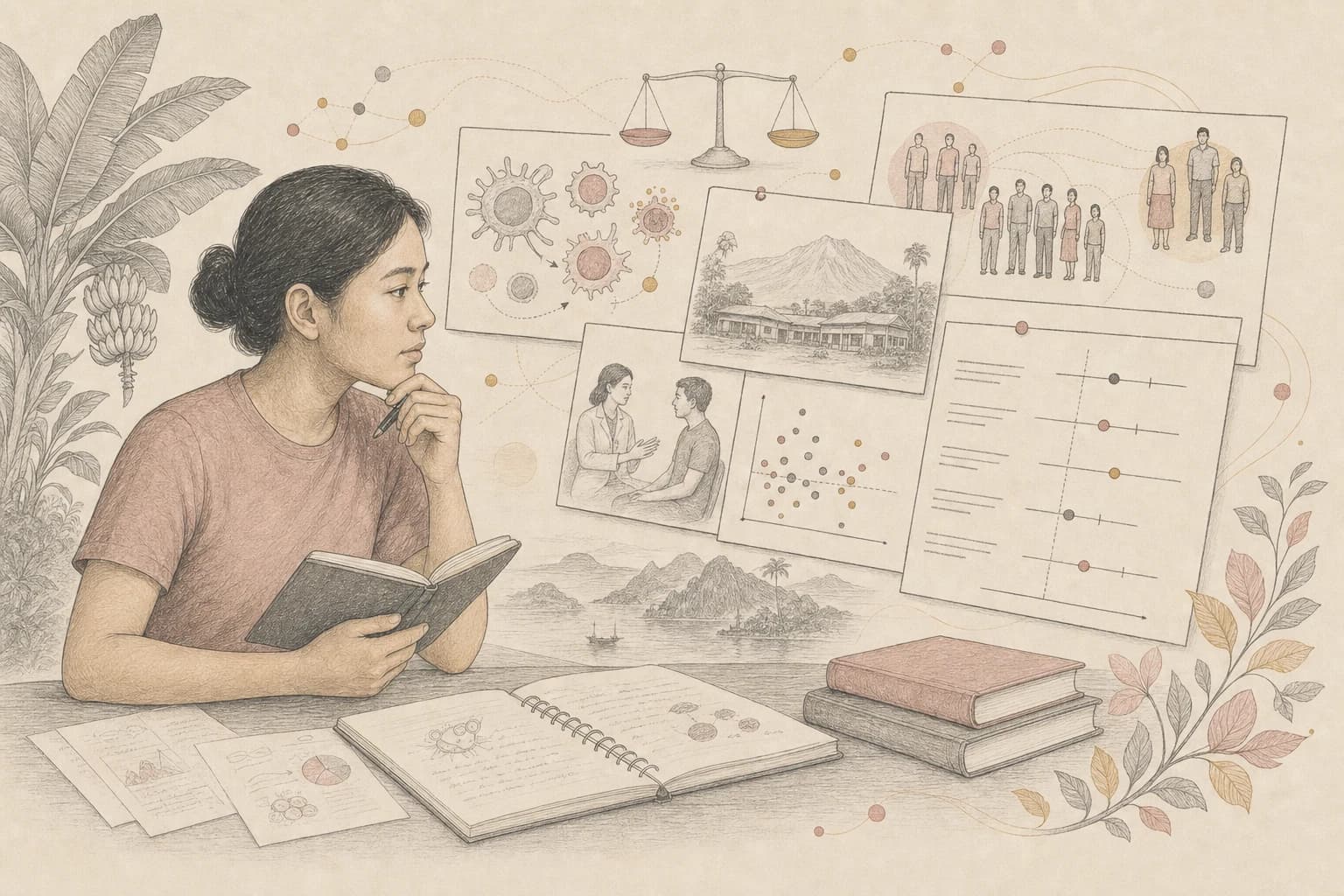 Editorial illustration of a Filipino reader comparing immune research and clinical evidence