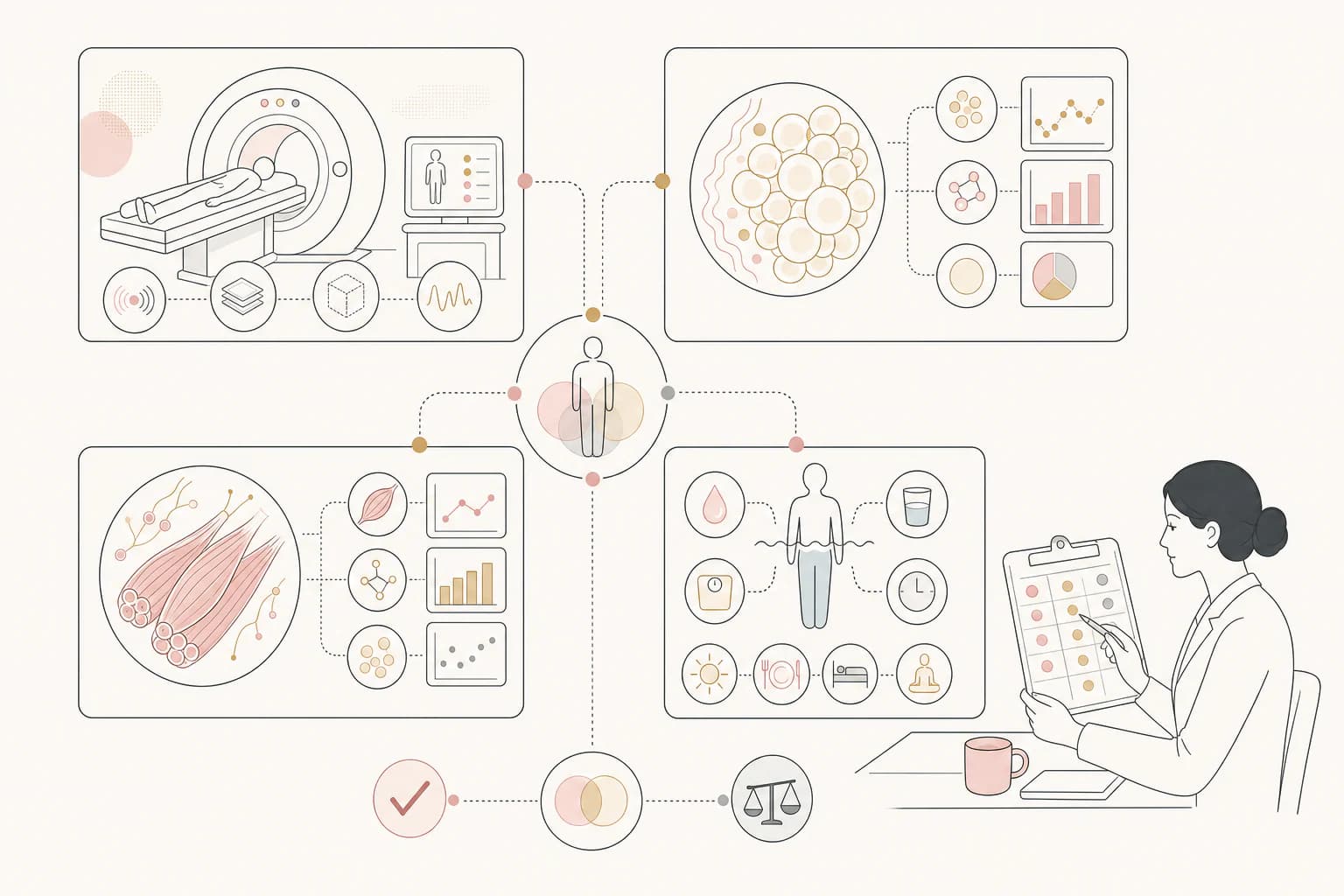 Evidence map for “Tirzepatide and body composition: fat mass, lean mass, and careful interpretation,” separating study findings, research context, and unanswered questions.