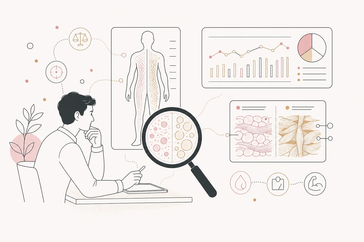 Editorial illustration for “Tirzepatide and body composition: fat mass, lean mass, and careful interpretation,” showing a Filipino reader examining the research context.