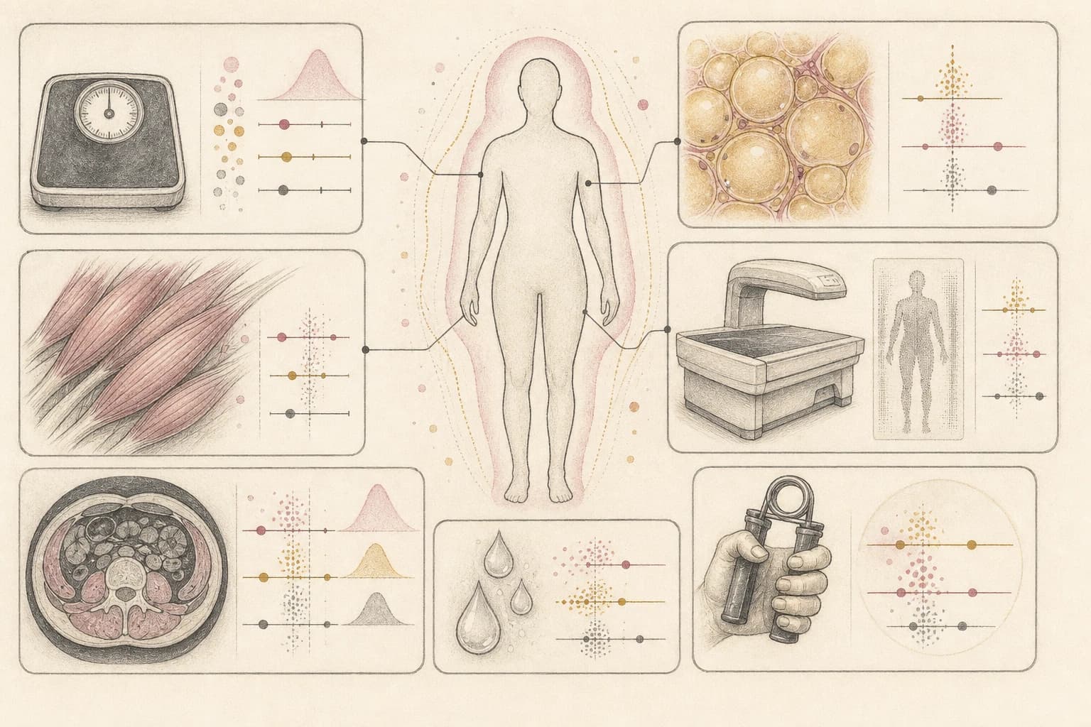 Body-composition evidence map comparing scale weight, fat tissue, muscle, and measurement methods