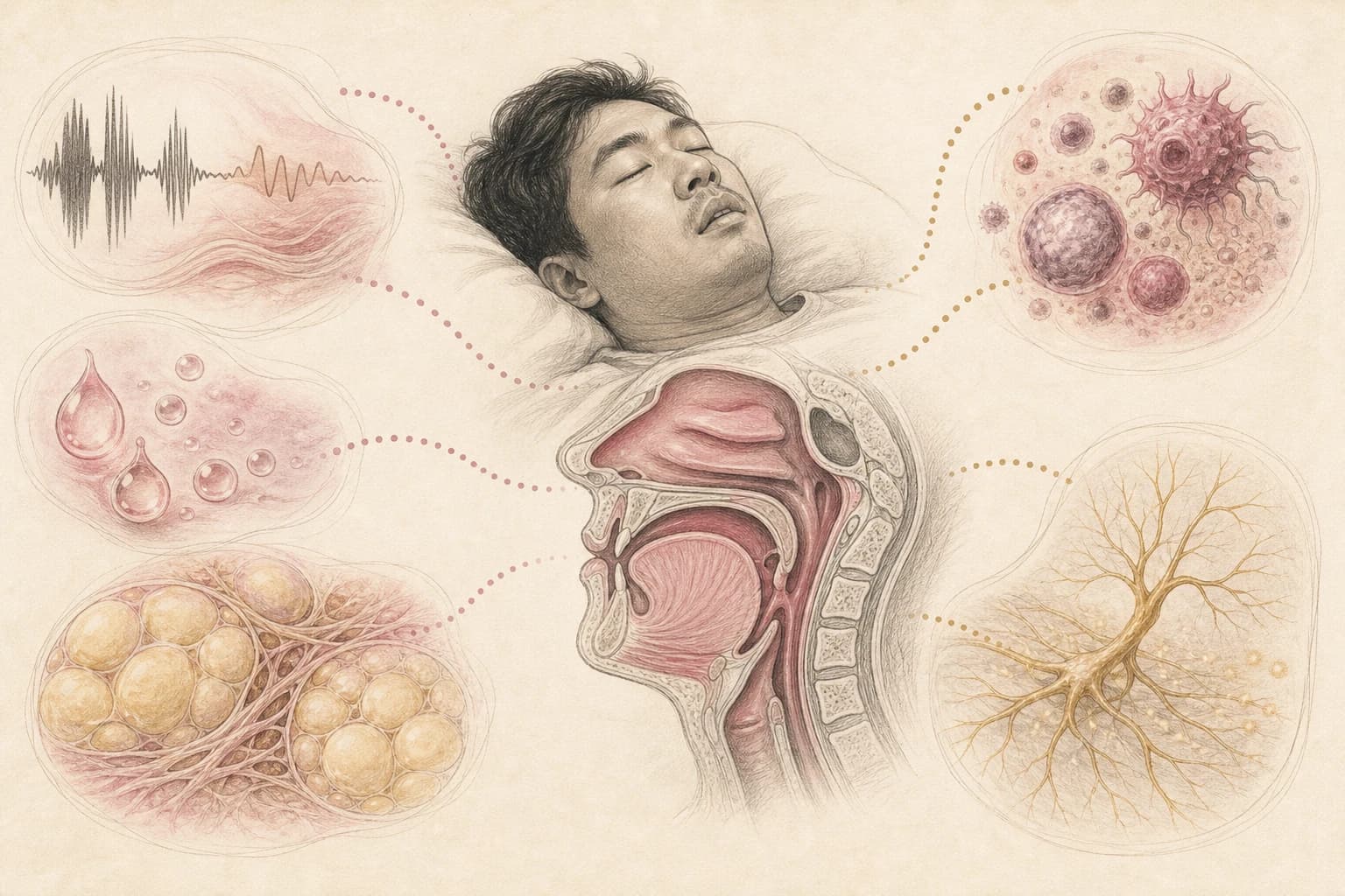 Sleep-apnea evidence map showing airway blockage, breathing events, body weight, inflammation, and unanswered questions