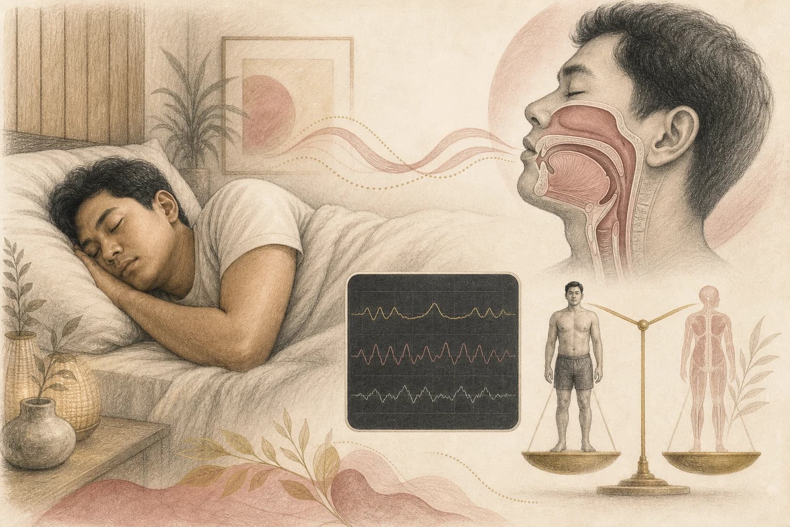 Filipino reader viewing a calm sleep scene and a plain-language upper-airway diagram