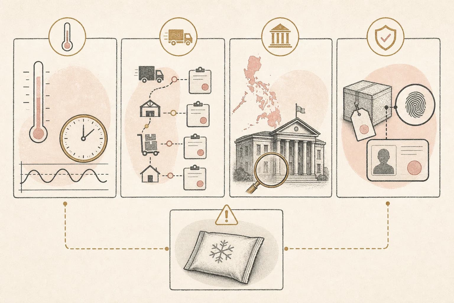An evidence map separating labeled temperature limits, transport records, Philippine verification, and authenticity checks.