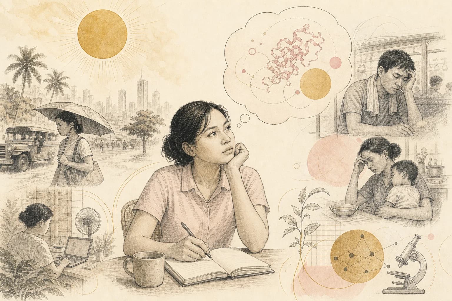Editorial illustration for “Tropical heat and daily fatigue do not prove a need for an “energy peptide”,” created for Philippine readers.