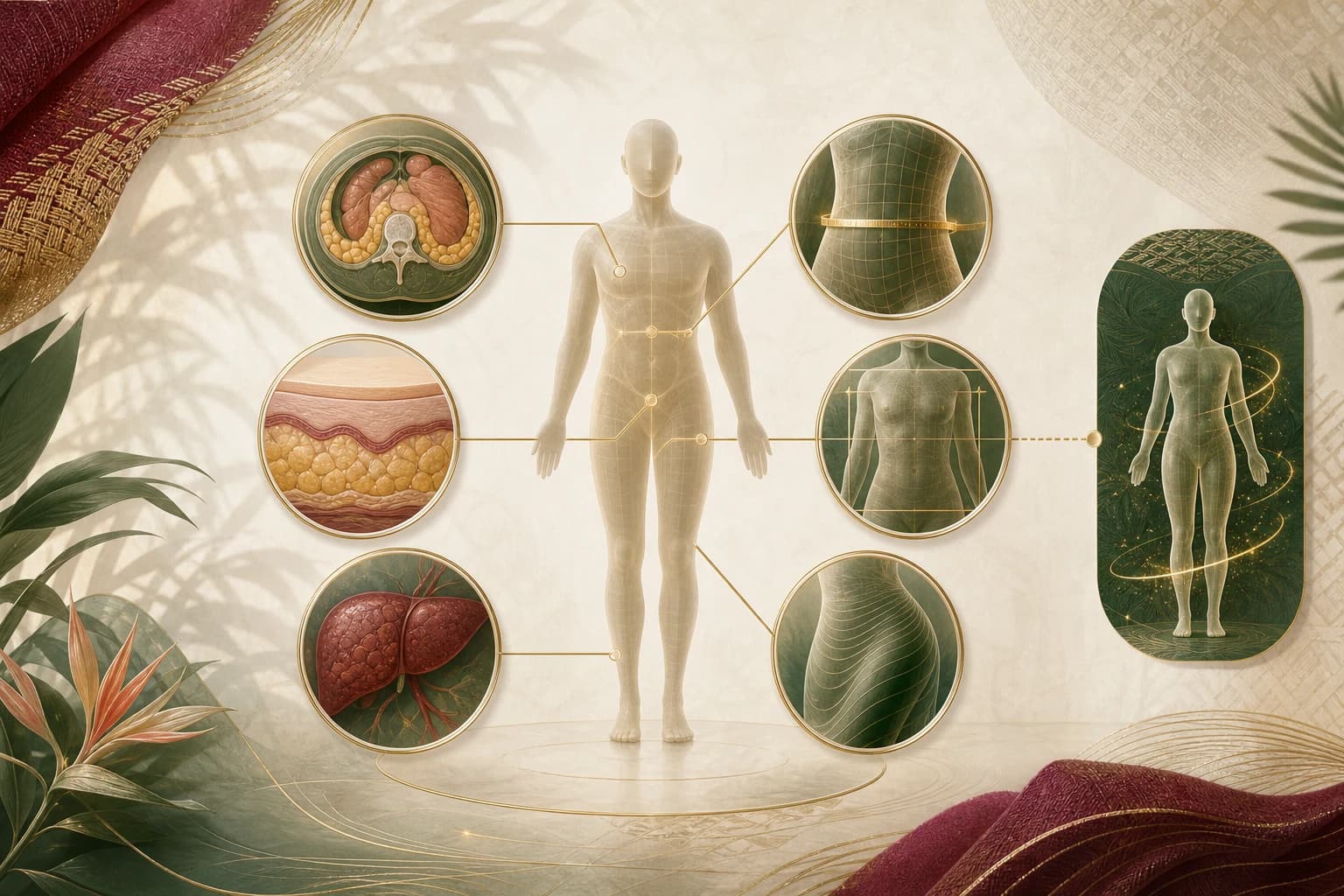 Evidence map separating visceral fat, subcutaneous fat, BMI, waist, liver fat, and cognition