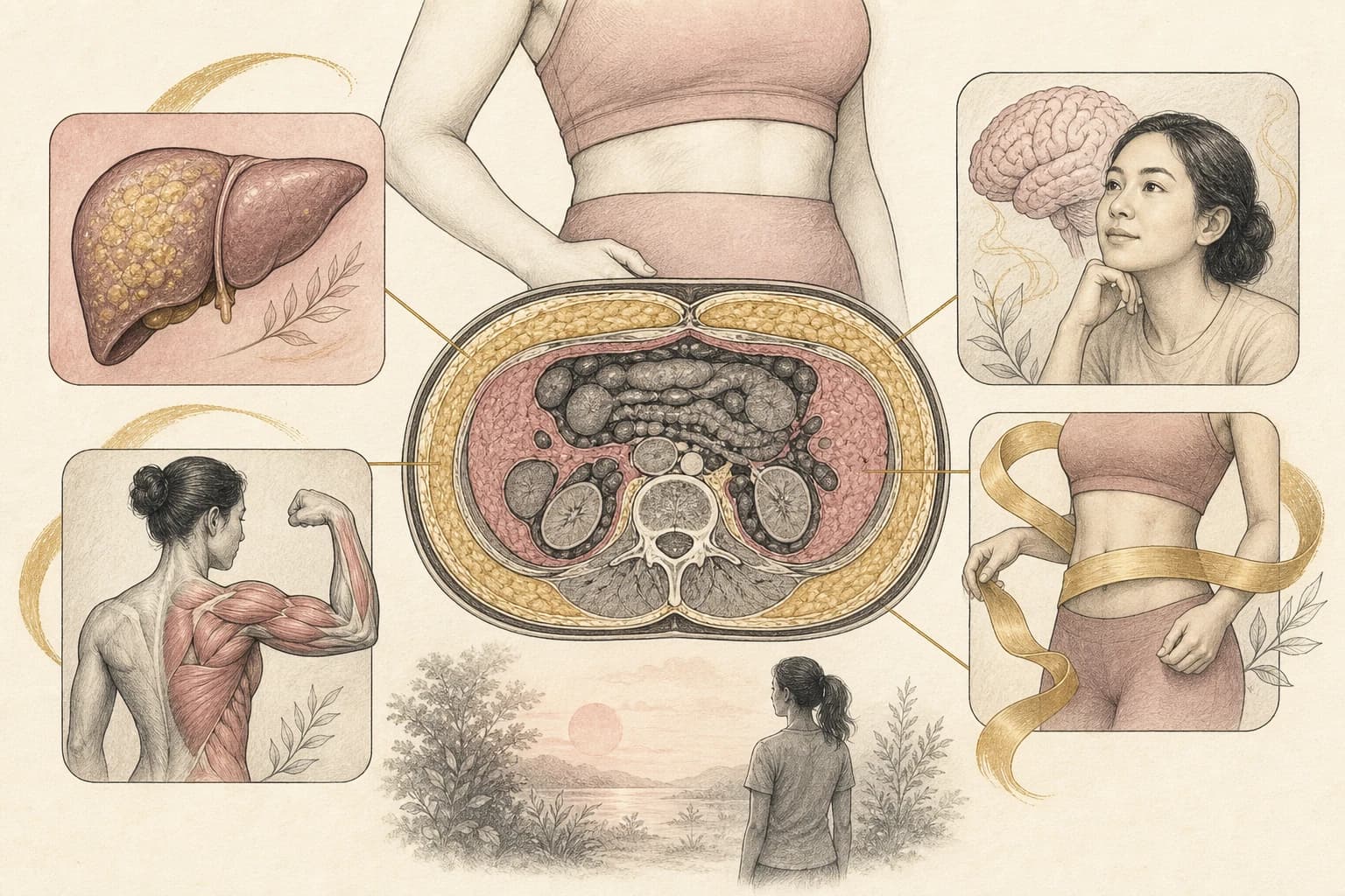 Body-composition map separating visceral fat, subcutaneous fat, BMI, waist, and study outcomes