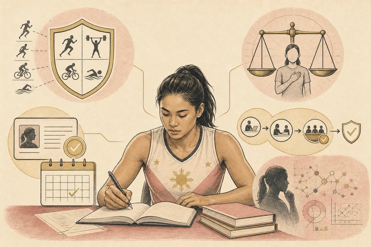 Editorial illustration for a Filipino athlete’s plain-language guide to WADA rules and research peptides.