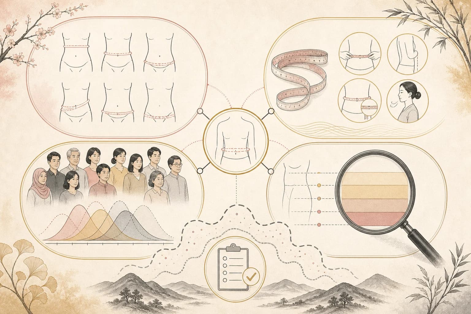 Evidence map comparing waist measurement methods, Asian population studies, screening thresholds, and interpretation limits.