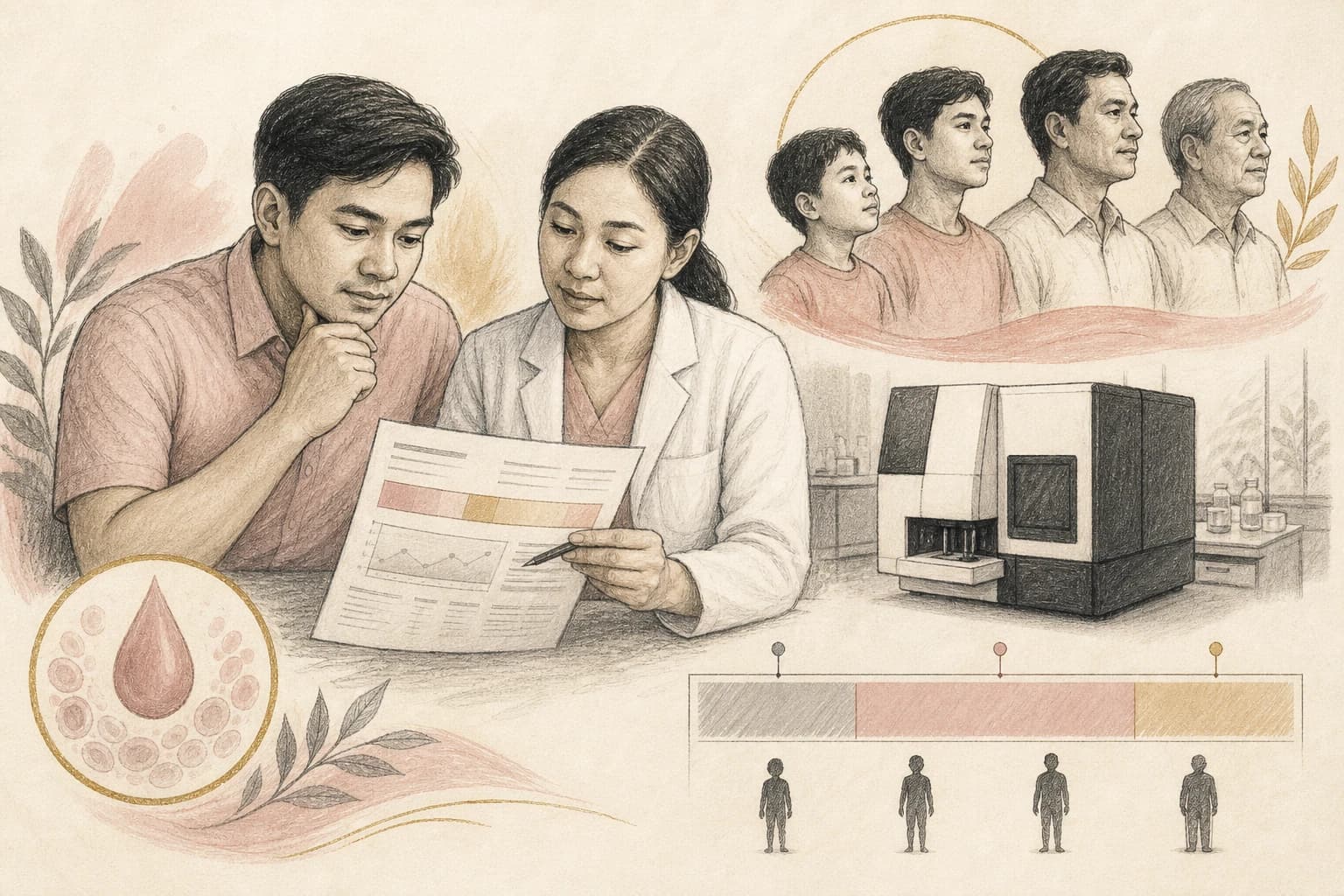 Filipino reader reviewing an IGF-1 laboratory report with age and assay context