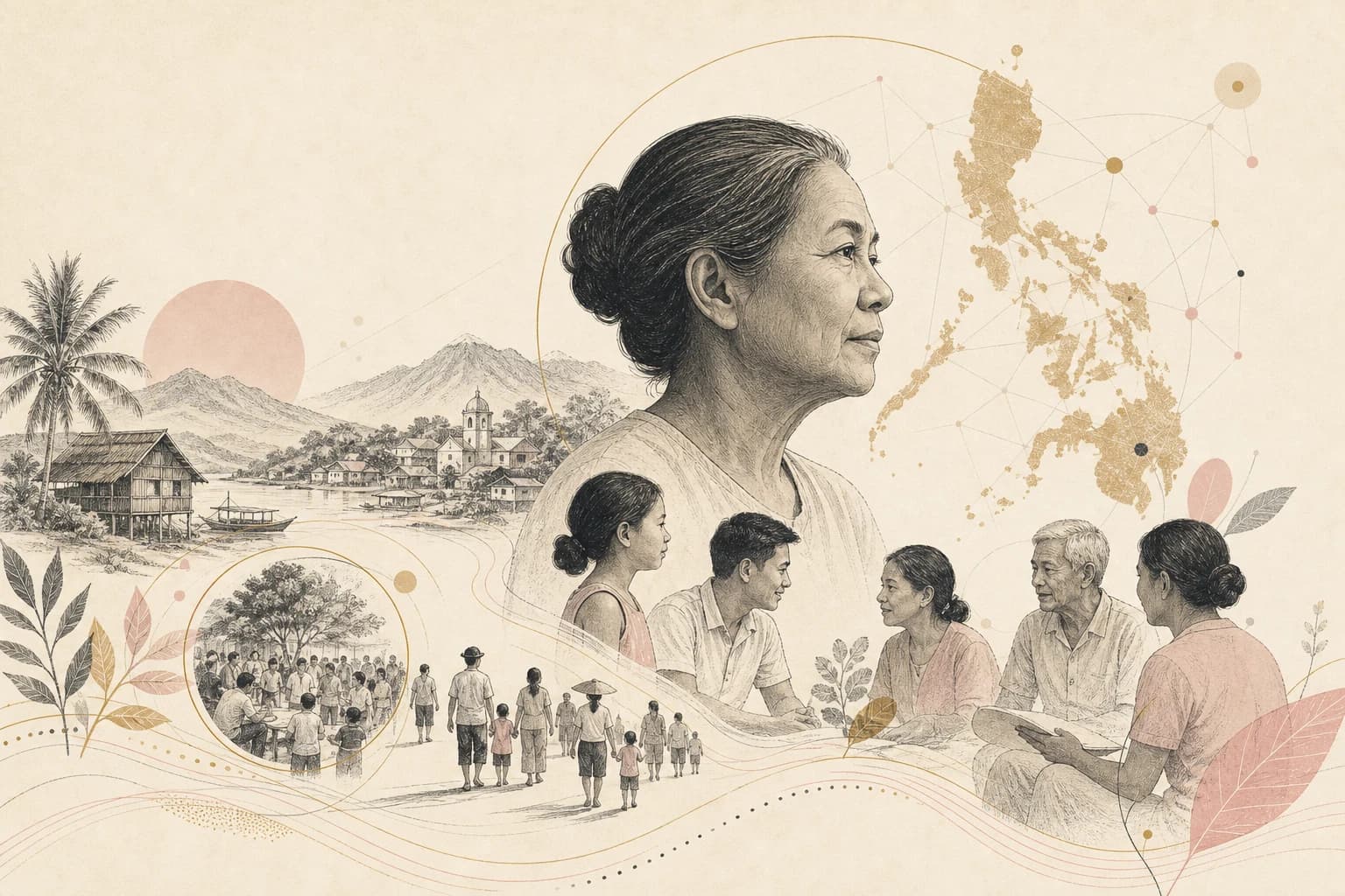 Editorial illustration for “What Philippine longevity stories can learn from population health—not just biomarkers,” created for Philippine readers.