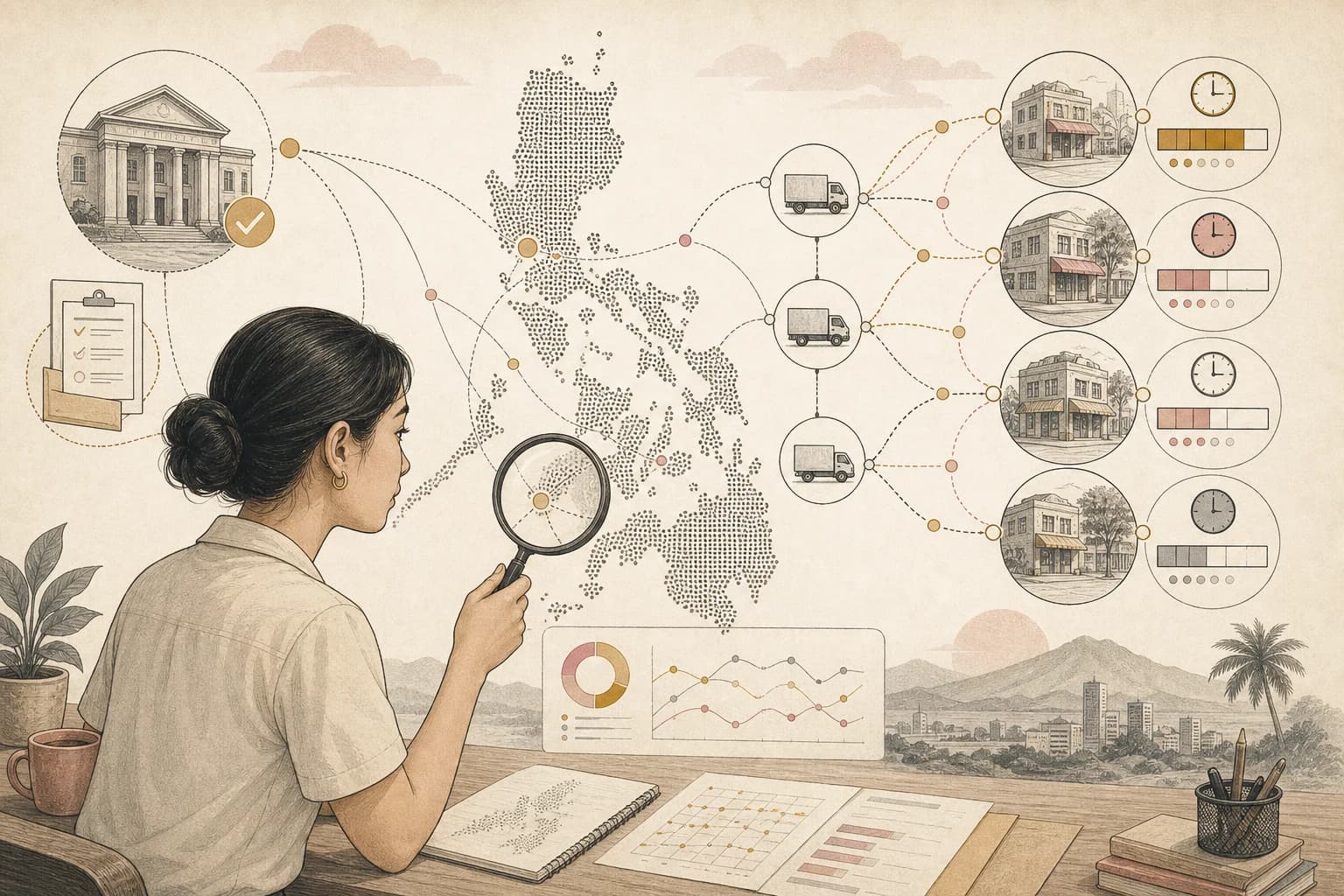 Editorial view of a Filipino reader tracing medicine supply from registration records to local pharmacy shelves.