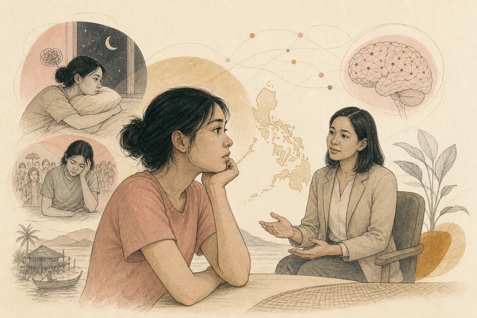 Editorial illustration for “When a mood or sleep concern belongs with a licensed mental-health professional,” created for Philippine readers.