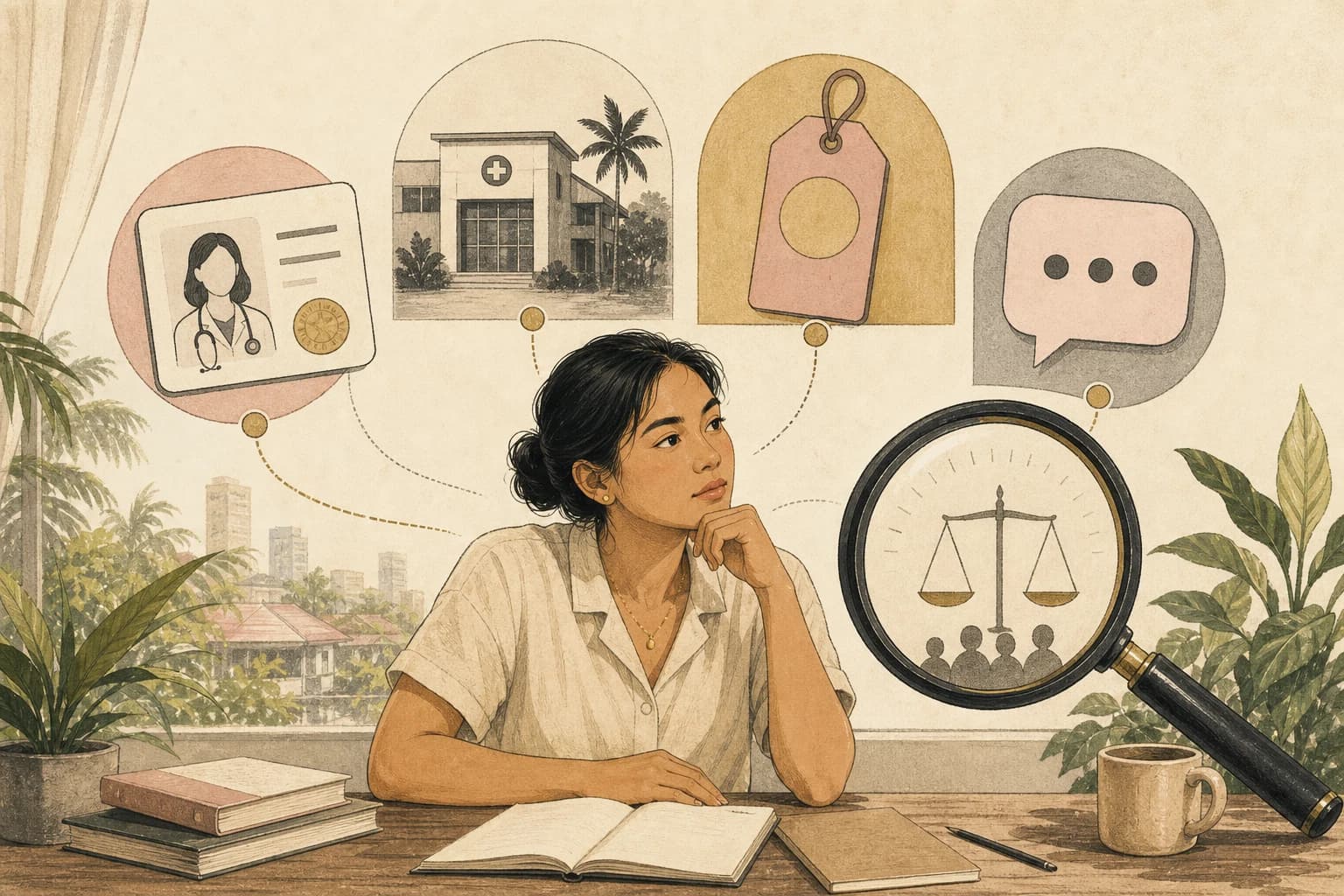 Editorial illustration of a Filipino reader comparing the sources behind different medical claims.