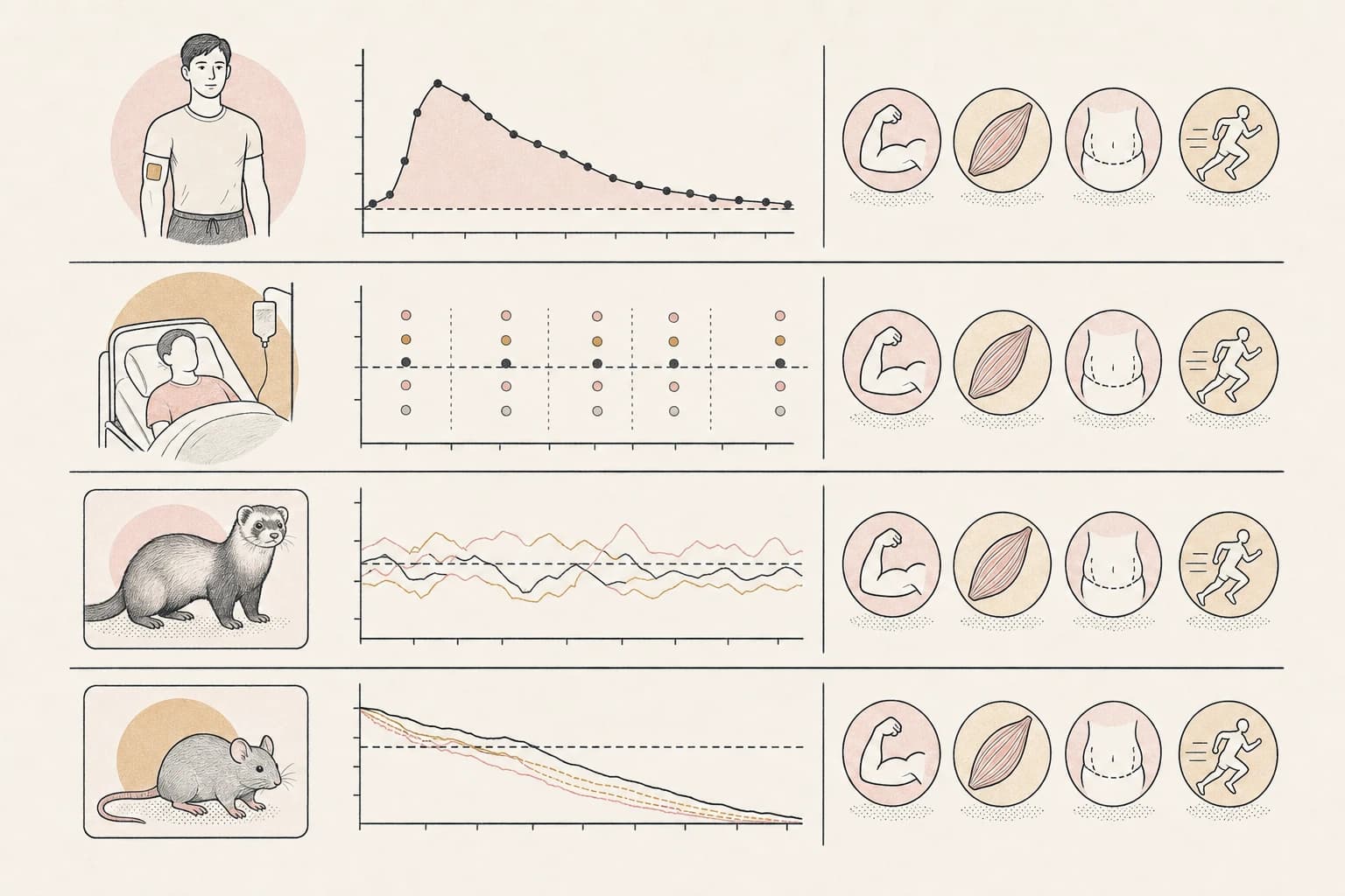 Evidence map separating healthy-volunteer, hospital, and animal peptide studies