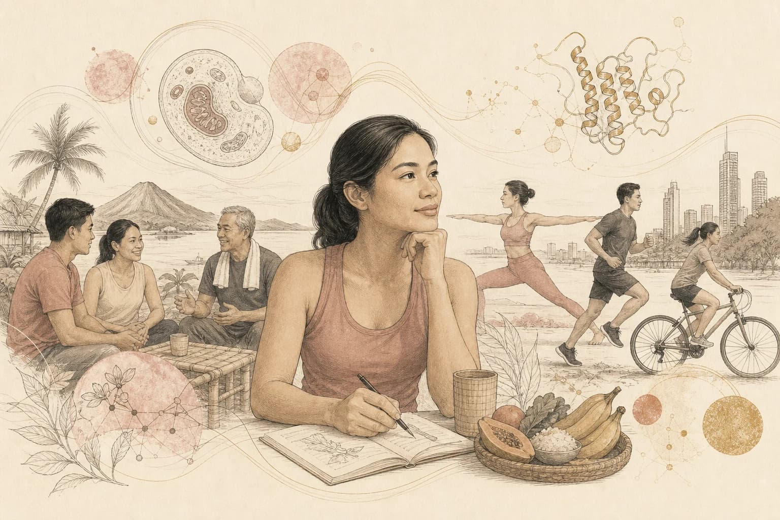 Editorial illustration for “MOTS-c in Filipino fitness and longevity conversations,” created for Philippine readers.