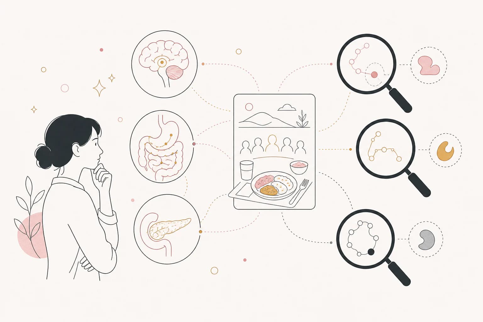 Editorial illustration for “Why appetite-hormone research looks beyond one target,” showing a Filipino reader examining the research context.