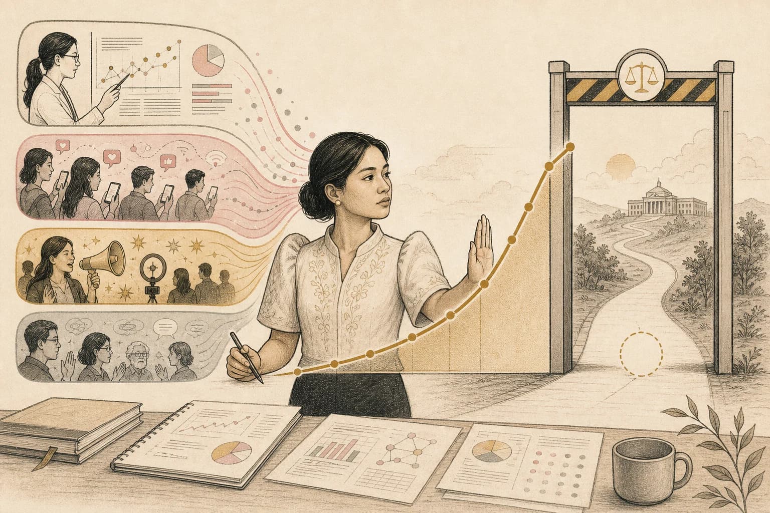 Editorial illustration of a Filipino reader separating retatrutide research headlines from regulatory review.