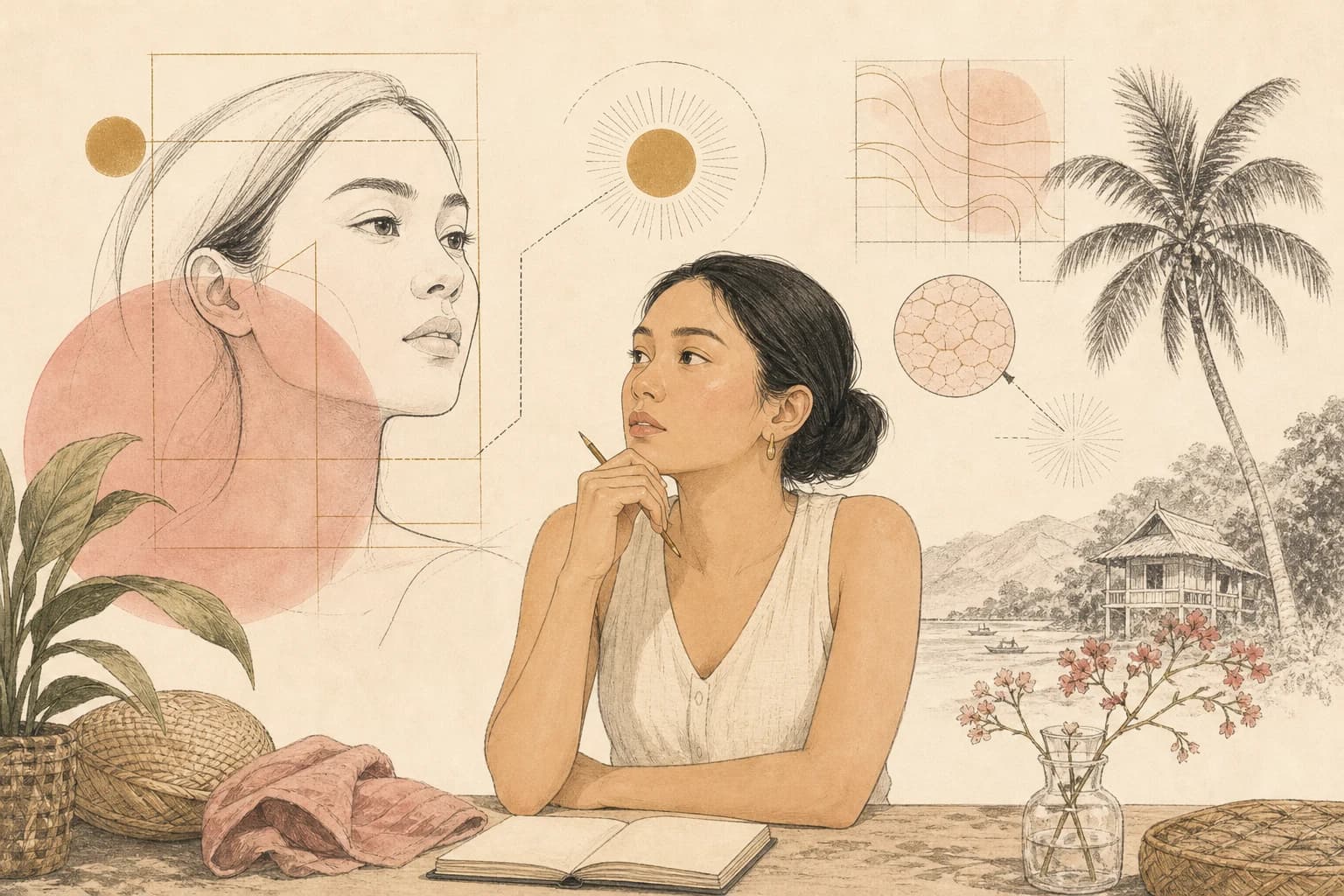 Editorial illustration for “The limits of skincare before-and-after photos,” created for Philippine readers.
